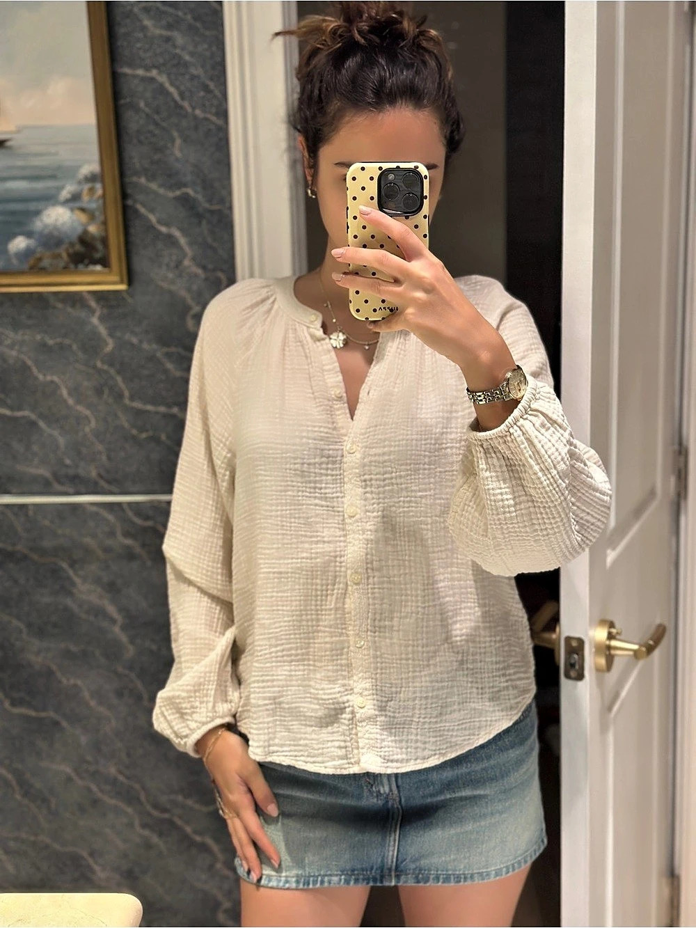 Universal Thread Women'Small Long Sleeve Gauze Button-Down Shirt Cream Small